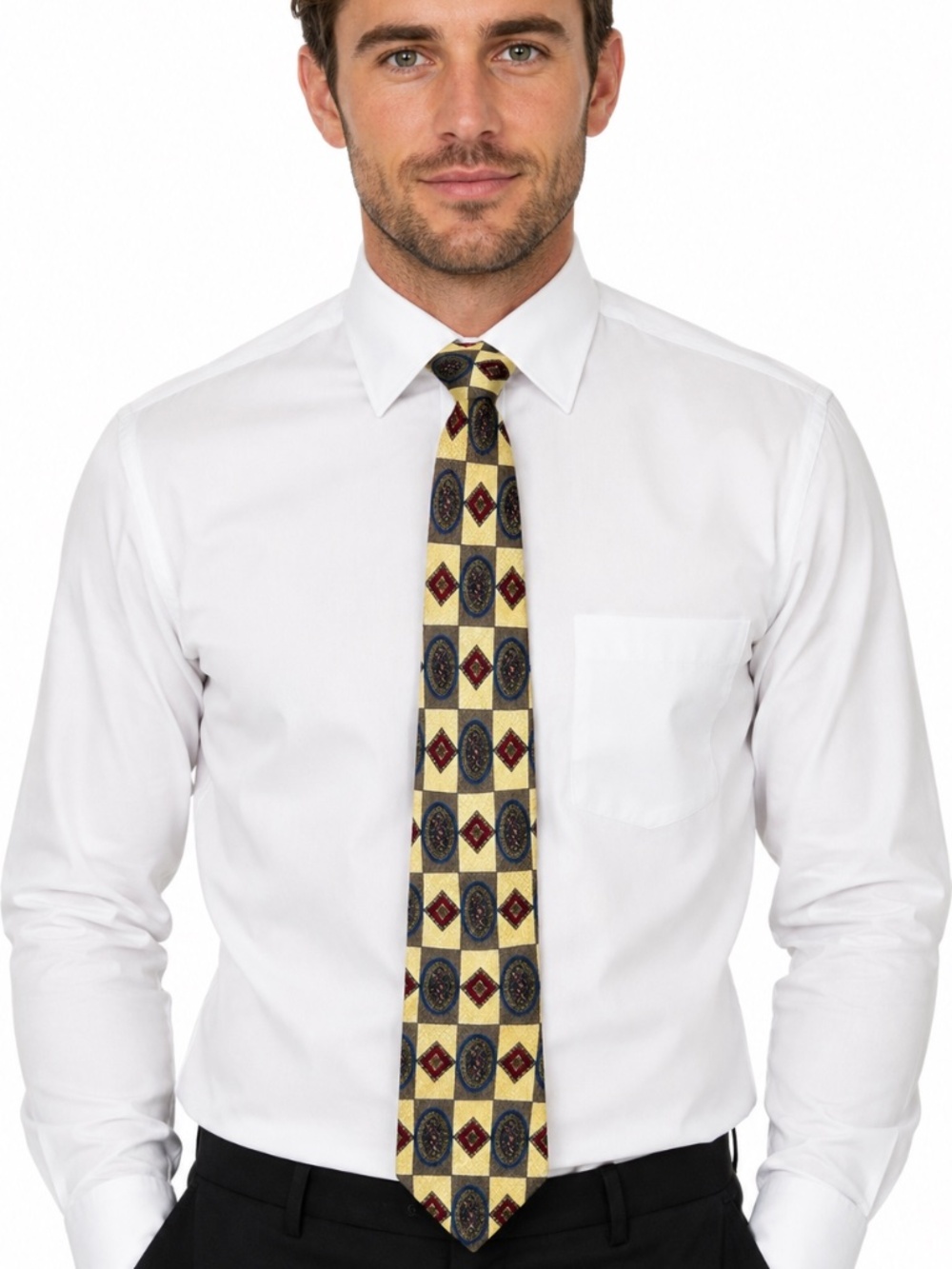 Vintage Bill Blass Silk Tie Gold Geometric Medallion 90s Academic